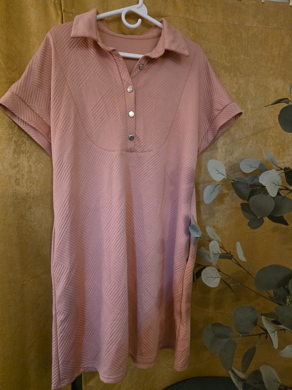 Pink Short Sleeve Polo Dress with Textured Chevron Pattern